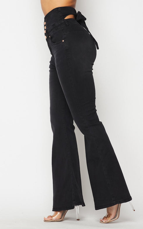 Belted Waist Bell Bottom Jeans - Black - SohoGirl.com